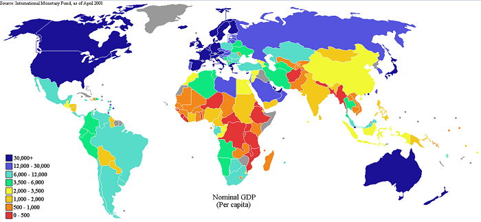 PIB per capita de los distintos países del mundo.