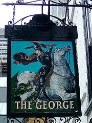 The pub sign of The George, Southwark depicting St George slaying a Dragon