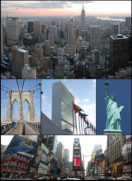 From upper left: Manhattan south of Rockefeller Center, the Brooklyn Bridge, United Nations Headquarters, the Statue of Liberty, and Times Square