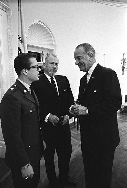 John Steinbeck (middle) with 19 year-old son John, visits President Johnson in the Oval Office, May 16, 1966.