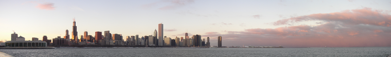 Panoramic view of Chicago at dawn.
