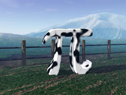 monumento de piedra pintado como una vaca y al fondo motañas alpinas