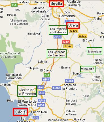 Mapa donde aparecen las carreteras en la zona de Sevilla hasta Cádiz