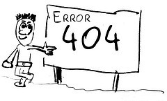 Dibujo de un hombre sobre un cartel con el mensaje, error 404