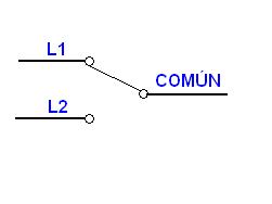 Símbolo eléctrico de un conmutador. El terminal común puede cambiar entre los terminales L1 y L2