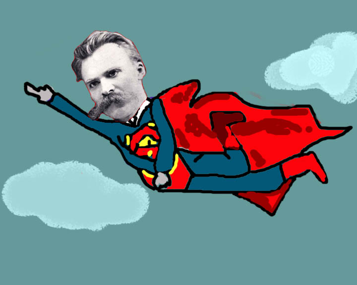 Fotomontaje con entre Nietzsche y Superman, con Nietzsche como superhombre